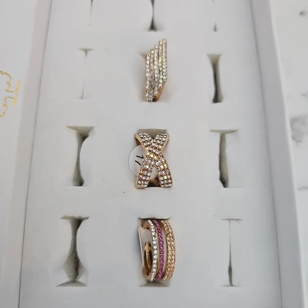 3pc Ring Set Gold Rhinestone Criss Cross Cocktail Jewelry